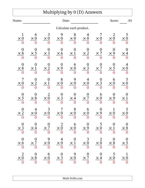 The Multiplying (1 to 9) by 0 (81 Questions) (D) Math Worksheet Page 2