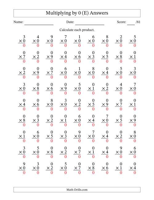 The Multiplying (1 to 9) by 0 (81 Questions) (E) Math Worksheet Page 2