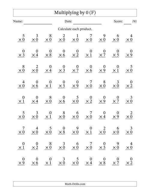 The Multiplying (1 to 9) by 0 (81 Questions) (F) Math Worksheet