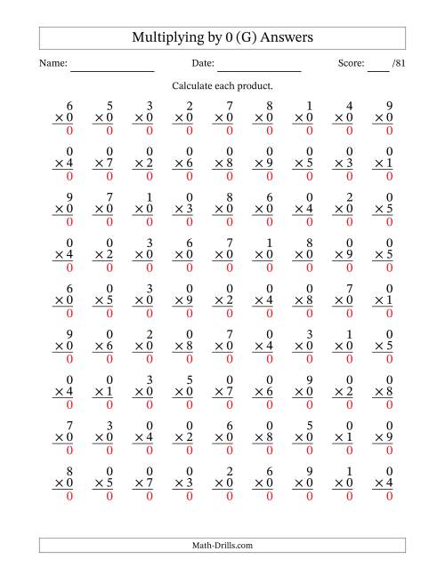 The Multiplying (1 to 9) by 0 (81 Questions) (G) Math Worksheet Page 2