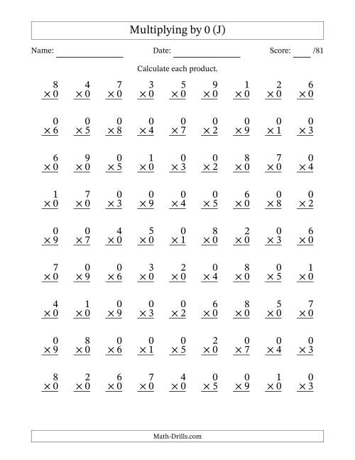 The Multiplying (1 to 9) by 0 (81 Questions) (J) Math Worksheet