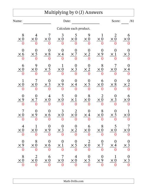 The Multiplying (1 to 9) by 0 (81 Questions) (J) Math Worksheet Page 2