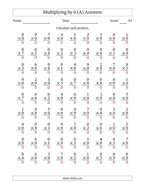 The Multiplying (1 to 9) by 0 (81 Questions) (All) Math Worksheet Page 2