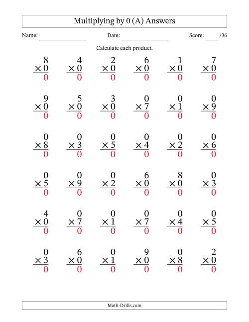 The Multiplying (1 to 9) by 0 (36 Questions) (A) Math Worksheet Page 2