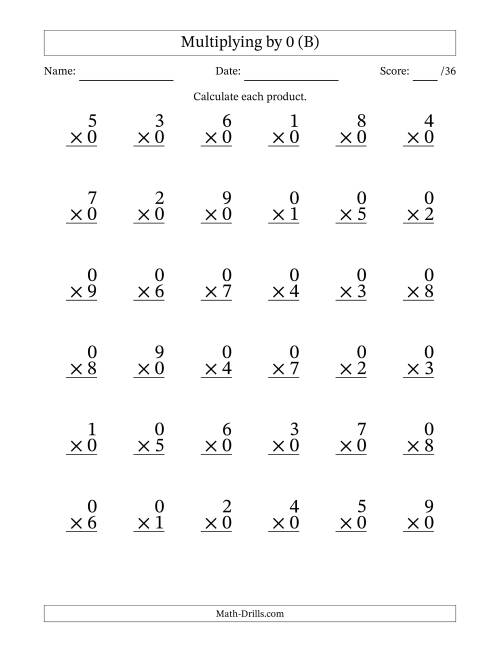 The Multiplying (1 to 9) by 0 (36 Questions) (B) Math Worksheet