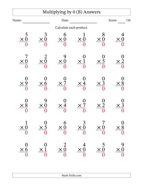 The Multiplying (1 to 9) by 0 (36 Questions) (B) Math Worksheet Page 2