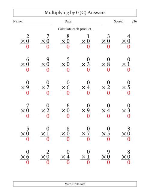 The Multiplying (1 to 9) by 0 (36 Questions) (C) Math Worksheet Page 2
