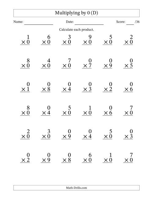 The Multiplying (1 to 9) by 0 (36 Questions) (D) Math Worksheet