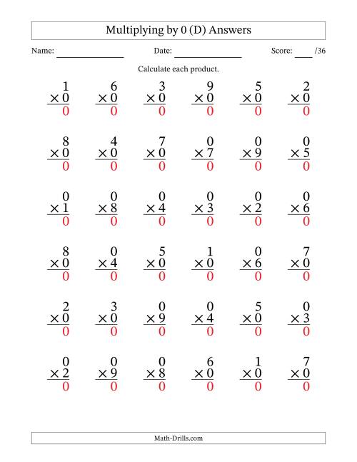 The Multiplying (1 to 9) by 0 (36 Questions) (D) Math Worksheet Page 2