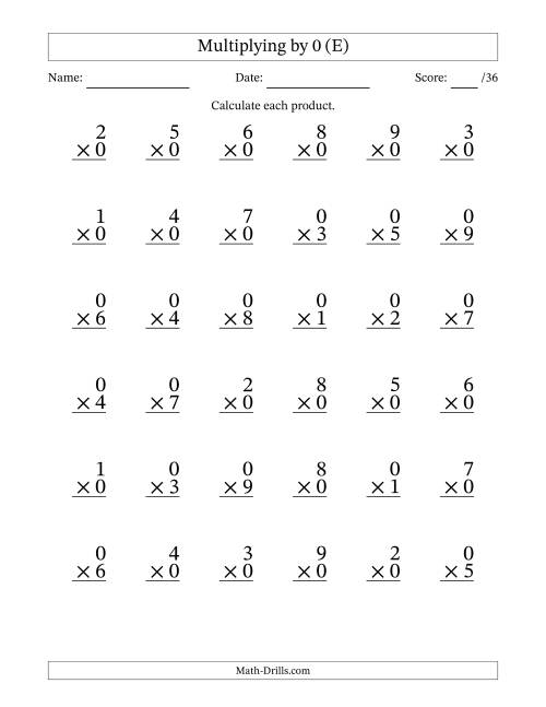 The Multiplying (1 to 9) by 0 (36 Questions) (E) Math Worksheet