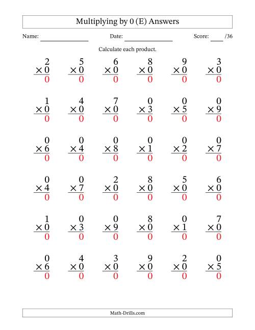 The Multiplying (1 to 9) by 0 (36 Questions) (E) Math Worksheet Page 2