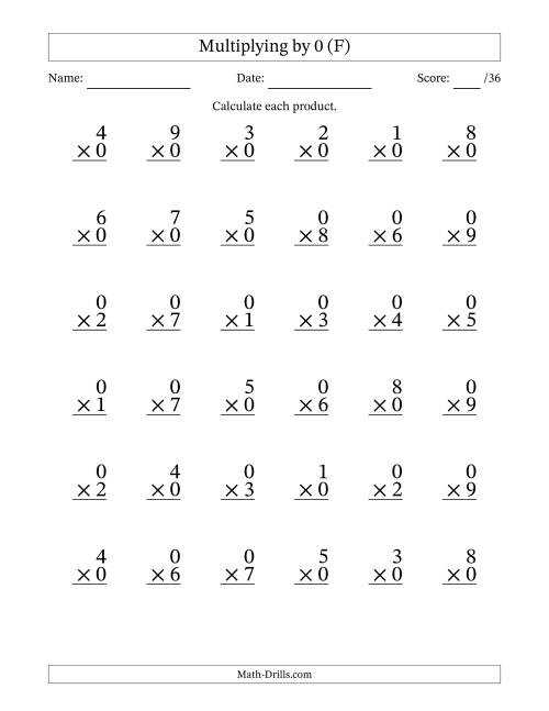 The Multiplying (1 to 9) by 0 (36 Questions) (F) Math Worksheet