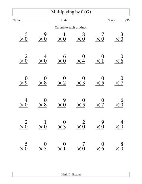 The Multiplying (1 to 9) by 0 (36 Questions) (G) Math Worksheet