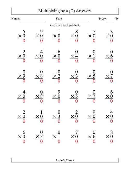 The Multiplying (1 to 9) by 0 (36 Questions) (G) Math Worksheet Page 2