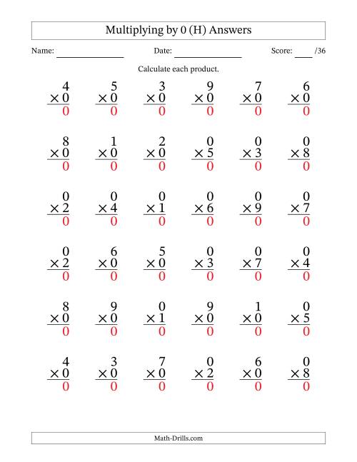 The Multiplying (1 to 9) by 0 (36 Questions) (H) Math Worksheet Page 2