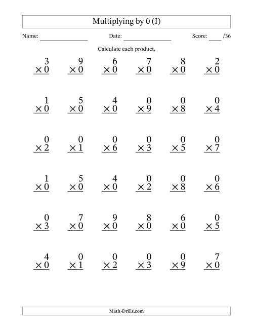 The Multiplying (1 to 9) by 0 (36 Questions) (I) Math Worksheet