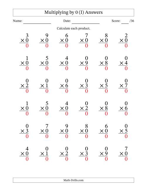 The Multiplying (1 to 9) by 0 (36 Questions) (I) Math Worksheet Page 2