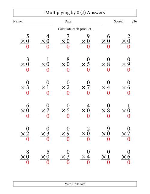 The Multiplying (1 to 9) by 0 (36 Questions) (J) Math Worksheet Page 2