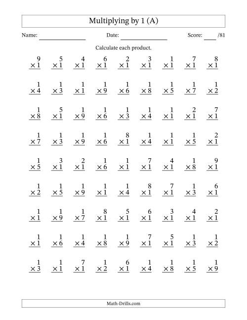 The Multiplying (1 to 9) by 1 (81 Questions) (A) Math Worksheet