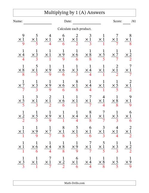 The Multiplying (1 to 9) by 1 (81 Questions) (A) Math Worksheet Page 2