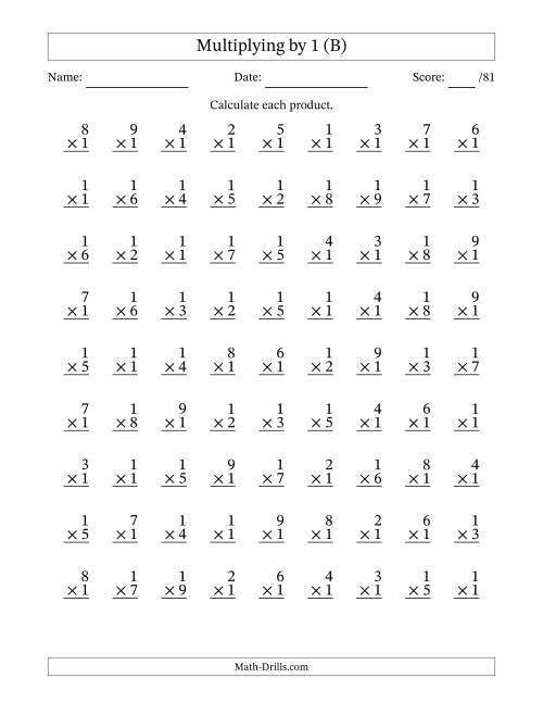 The Multiplying (1 to 9) by 1 (81 Questions) (B) Math Worksheet