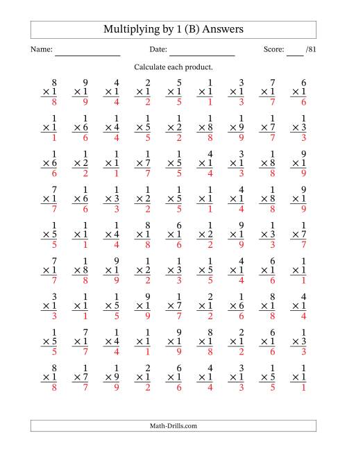 The Multiplying (1 to 9) by 1 (81 Questions) (B) Math Worksheet Page 2