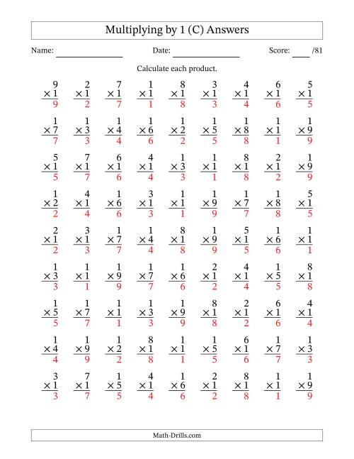 The Multiplying (1 to 9) by 1 (81 Questions) (C) Math Worksheet Page 2