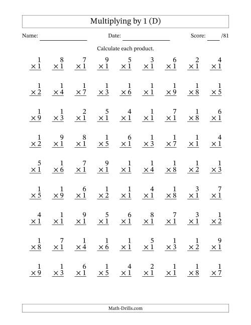 The Multiplying (1 to 9) by 1 (81 Questions) (D) Math Worksheet