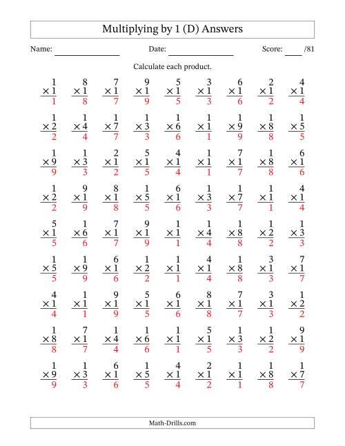The Multiplying (1 to 9) by 1 (81 Questions) (D) Math Worksheet Page 2