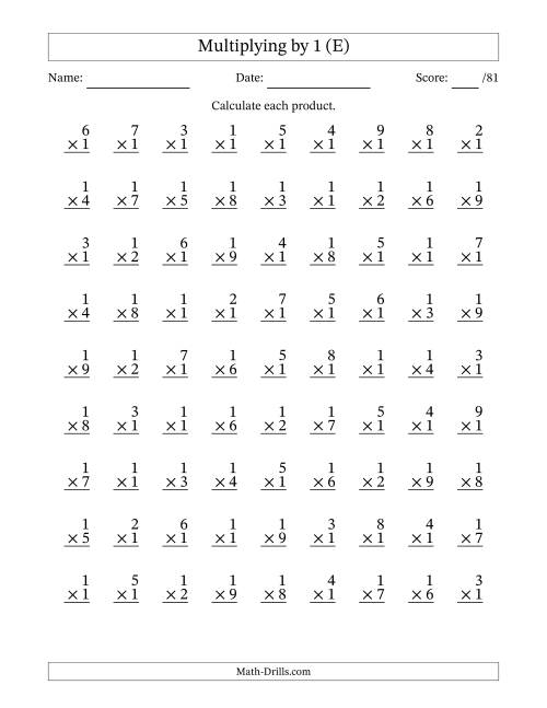 The Multiplying (1 to 9) by 1 (81 Questions) (E) Math Worksheet