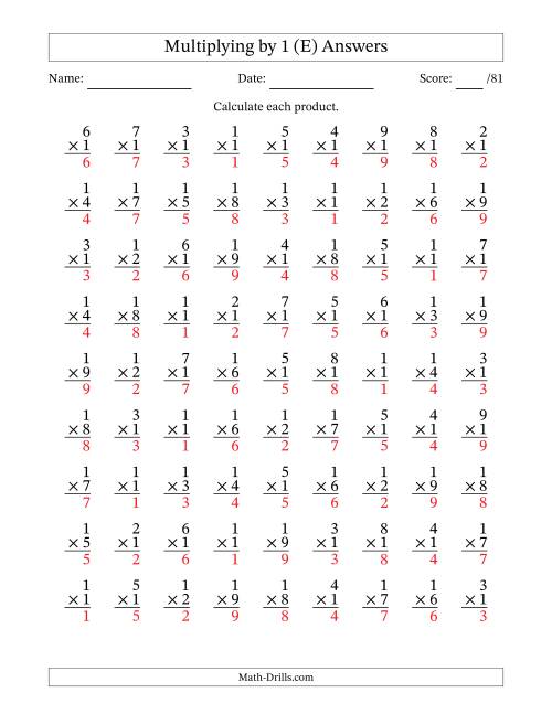 The Multiplying (1 to 9) by 1 (81 Questions) (E) Math Worksheet Page 2