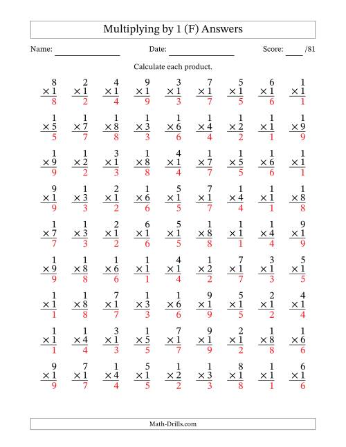 The Multiplying (1 to 9) by 1 (81 Questions) (F) Math Worksheet Page 2