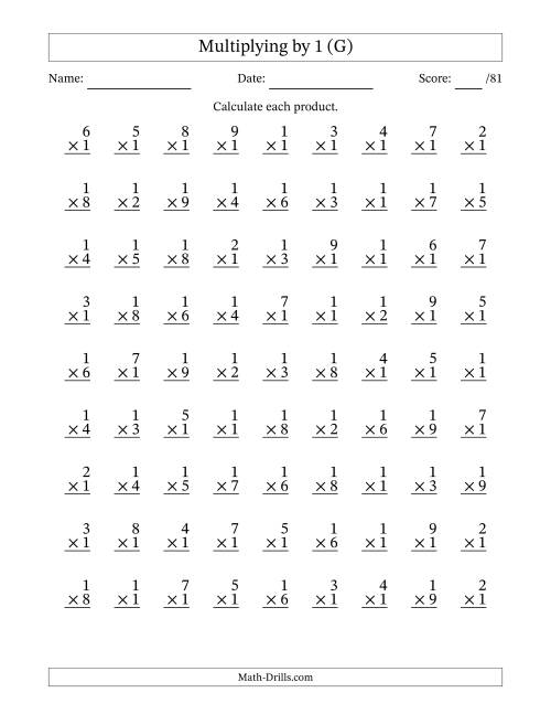 The Multiplying (1 to 9) by 1 (81 Questions) (G) Math Worksheet