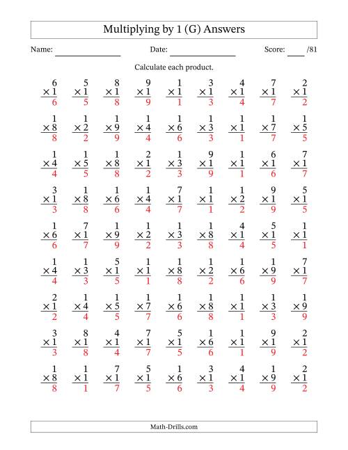 The Multiplying (1 to 9) by 1 (81 Questions) (G) Math Worksheet Page 2