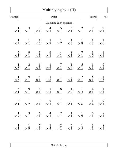 The Multiplying (1 to 9) by 1 (81 Questions) (H) Math Worksheet