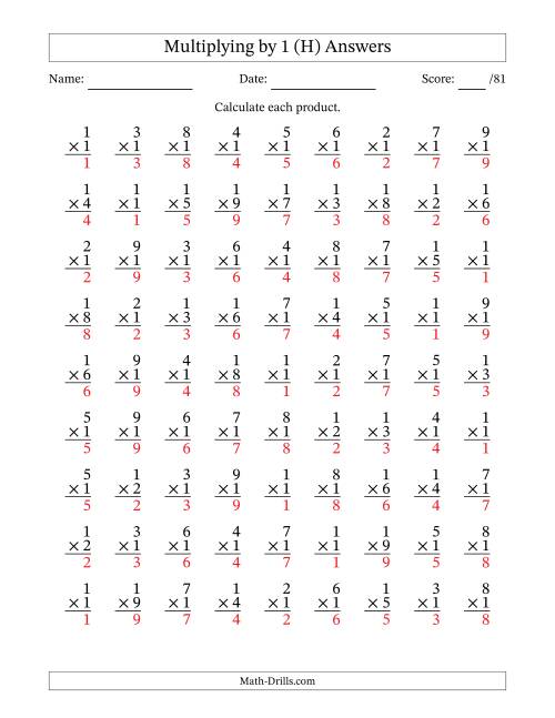 The Multiplying (1 to 9) by 1 (81 Questions) (H) Math Worksheet Page 2