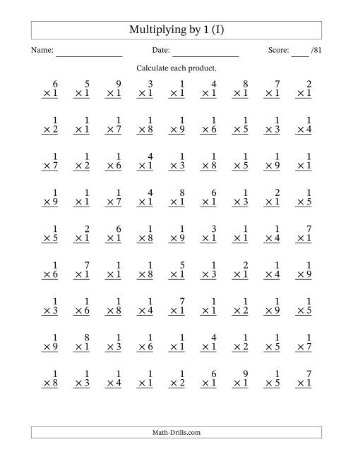 The Multiplying (1 to 9) by 1 (81 Questions) (I) Math Worksheet