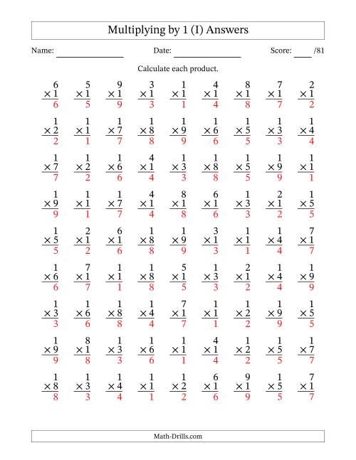 The Multiplying (1 to 9) by 1 (81 Questions) (I) Math Worksheet Page 2