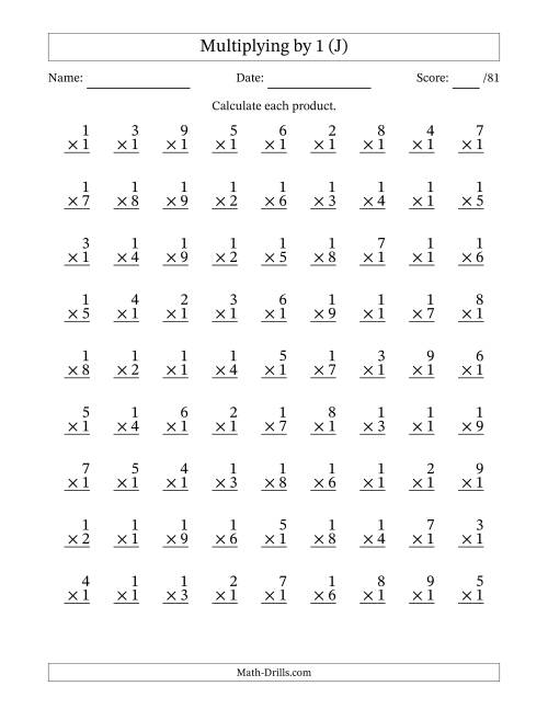 The Multiplying (1 to 9) by 1 (81 Questions) (J) Math Worksheet