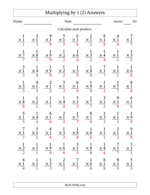 The Multiplying (1 to 9) by 1 (81 Questions) (J) Math Worksheet Page 2