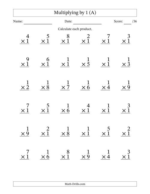 The Multiplying (1 to 9) by 1 (36 Questions) (A) Math Worksheet