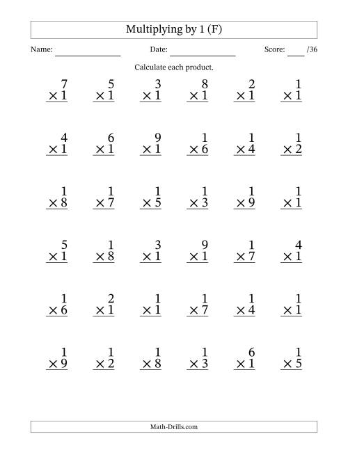 The Multiplying (1 to 9) by 1 (36 Questions) (F) Math Worksheet