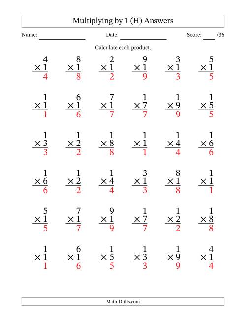 The Multiplying (1 to 9) by 1 (36 Questions) (H) Math Worksheet Page 2