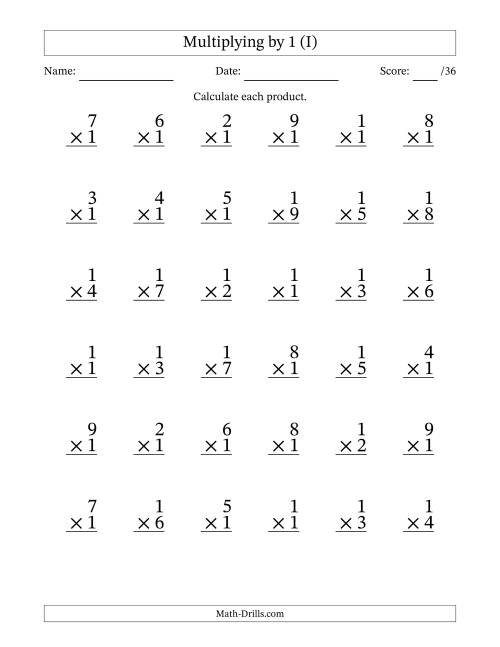 The Multiplying (1 to 9) by 1 (36 Questions) (I) Math Worksheet