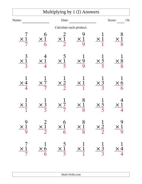 The Multiplying (1 to 9) by 1 (36 Questions) (I) Math Worksheet Page 2