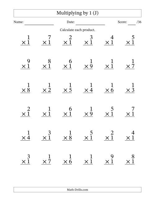 The Multiplying (1 to 9) by 1 (36 Questions) (J) Math Worksheet