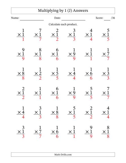 The Multiplying (1 to 9) by 1 (36 Questions) (J) Math Worksheet Page 2
