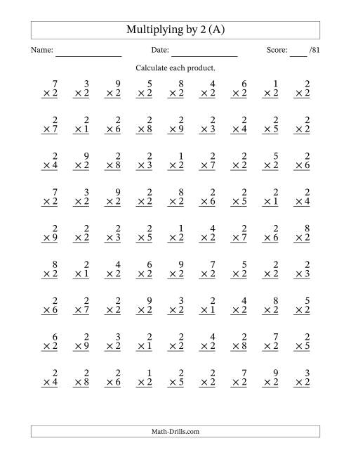 The Multiplying (1 to 9) by 2 (81 Questions) (A) Math Worksheet