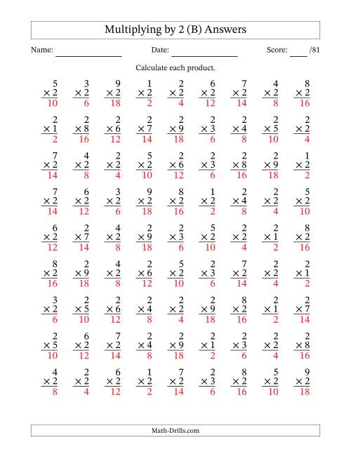 The Multiplying (1 to 9) by 2 (81 Questions) (B) Math Worksheet Page 2
