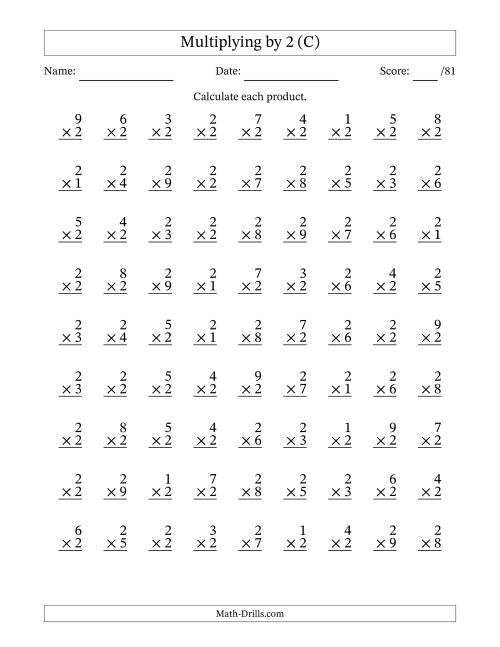The Multiplying (1 to 9) by 2 (81 Questions) (C) Math Worksheet